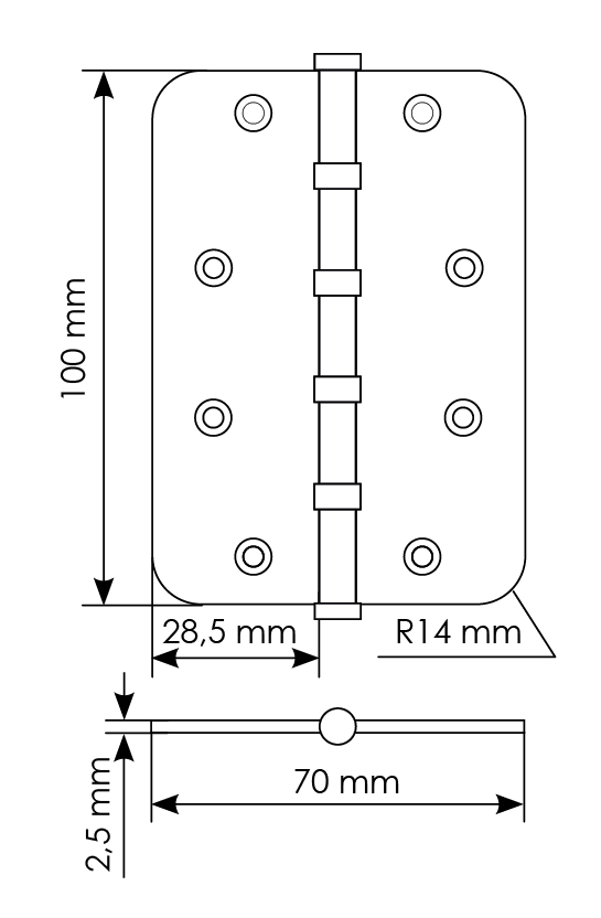 Петля стальная MSN-C 100X70X2.5-4BB SN скругленная универсальная с подшипником, вес полотна до 40 кг, цвет белый никель фото купить в Ульяновске